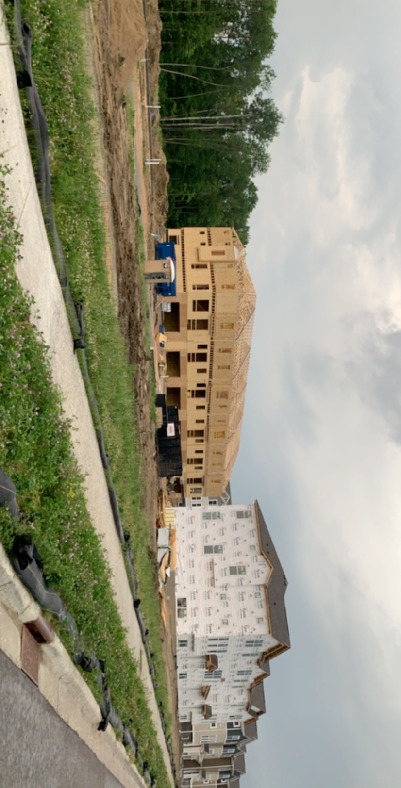 Row of multi-family townhomes being framed and sheathed next to a completed building